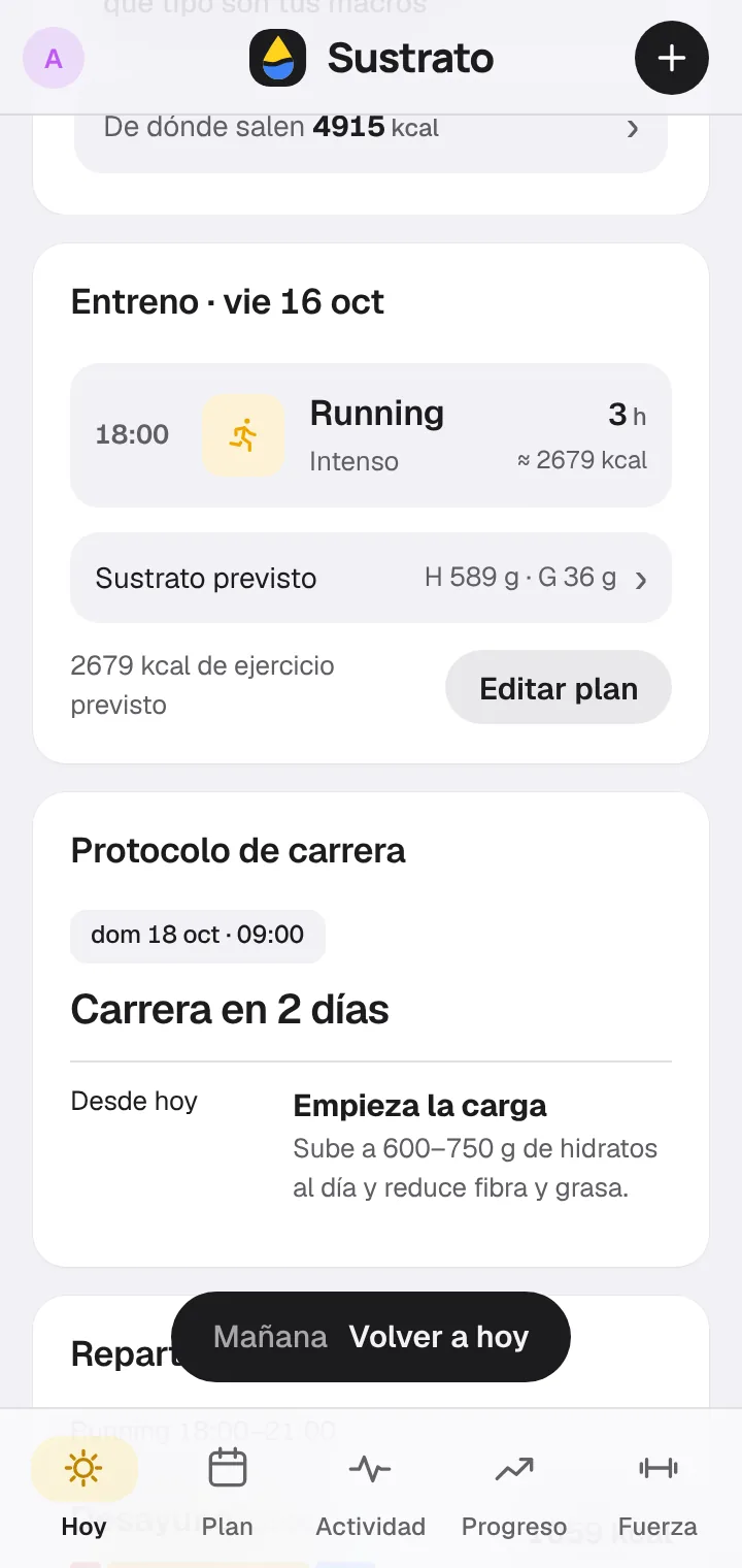 Entreno de 3 h y protocolo de carrera: empieza la carga, 600 a 750 g de hidratos