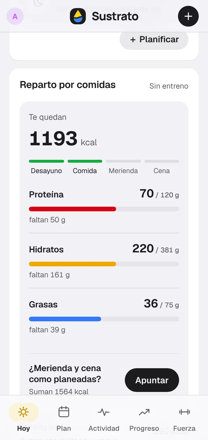 Reparto por comidas: lo que te queda de proteína, hidratos y grasas